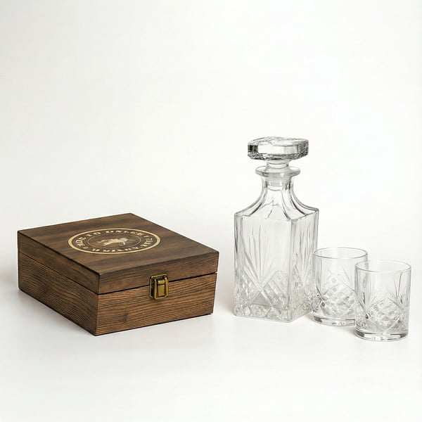 מארז וויסקי יוקרתי עם דקנטר וכוסות בקופסת עץ מהודרת
