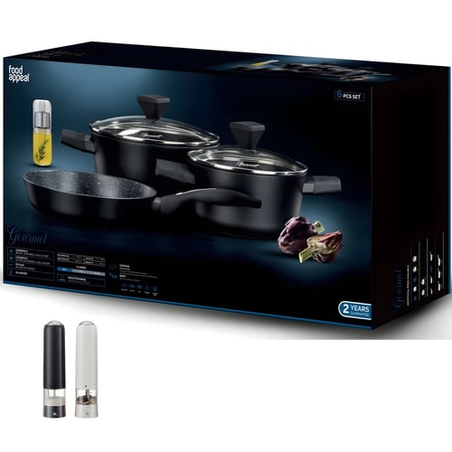 Luxury 6-Piece Cookware Set with Black and White Mills