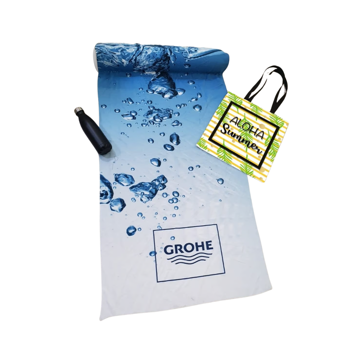 סט קיץ יוקרתי: מגבת חוף, כרית מתנפחת, בקבוק אישי ותיק בד