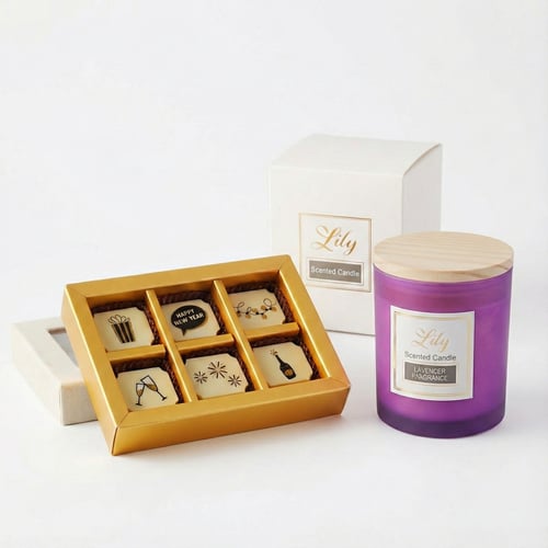 מארז פרלינים שוקולד עם נר ריחני במכסה במבוק