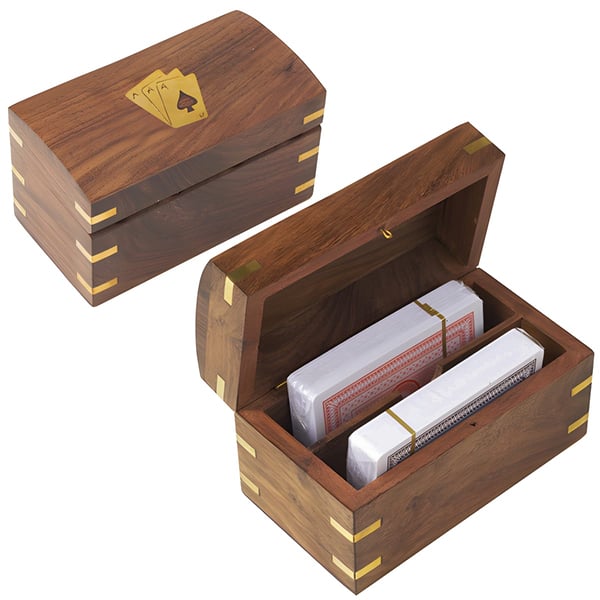 Wooden Card Box with Copper Inlays and Two Decks