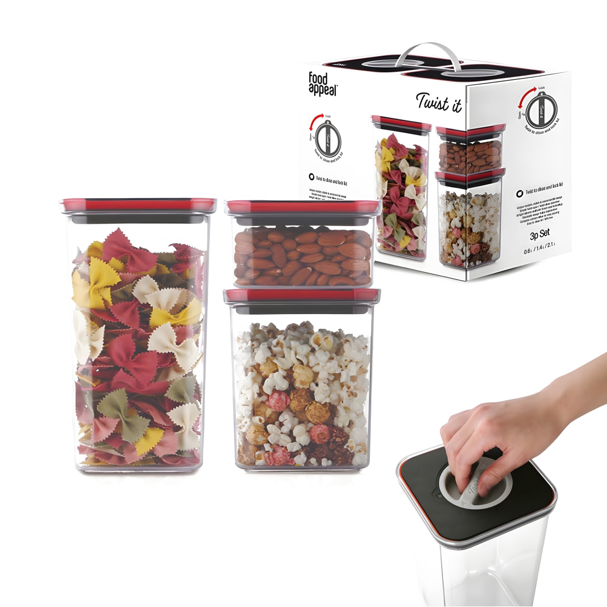 סט אחסון אוכל 3 חלקים עם מכסה TWIST IT - פתרון לאחסון מזון טרי