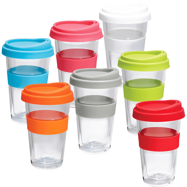 Double-Walled Glass Mug with Grip + Silicone Lid 300 mL