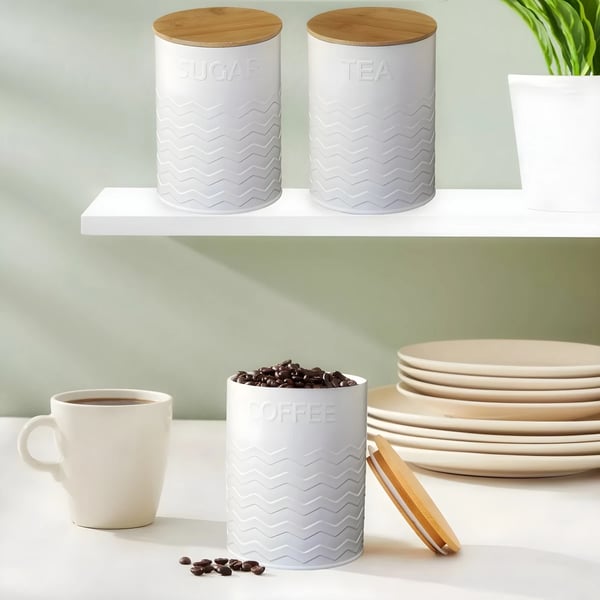 Stylish White Round Storage Set for Coffee, Sugar, Tea - 3 Pieces