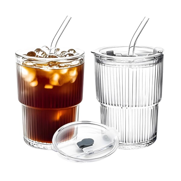 Retro Design Glass Cup 400ml with Lid and Straw - Capella