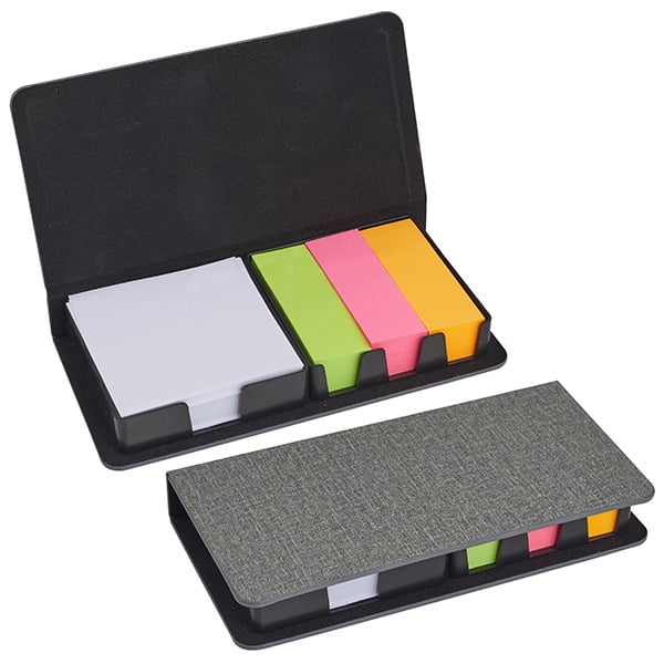 מעמד מעוצב לדפי ממו וסימניות צבעוניות במארז יוקרתי - מתנה עסקית שמארגנת ומרשימה