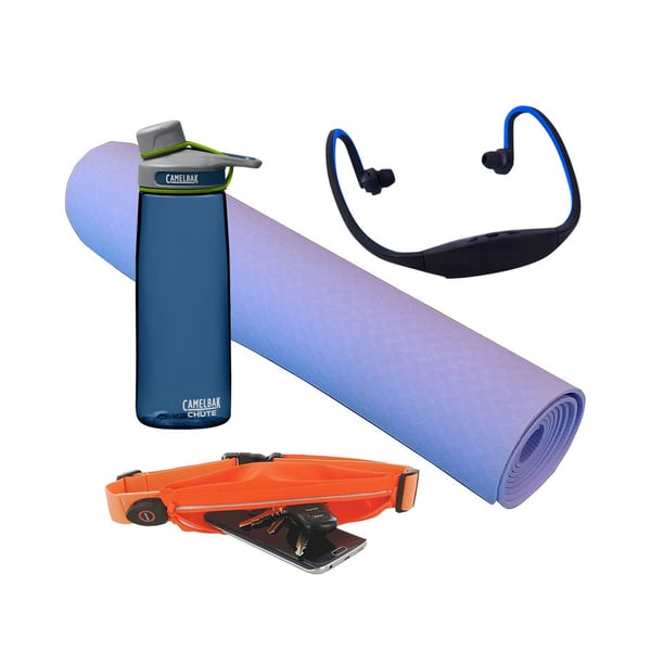 חבילת ספורט מושלמת: חגורה מוארת, מזרון יוגה, בקבוק ואוזניות