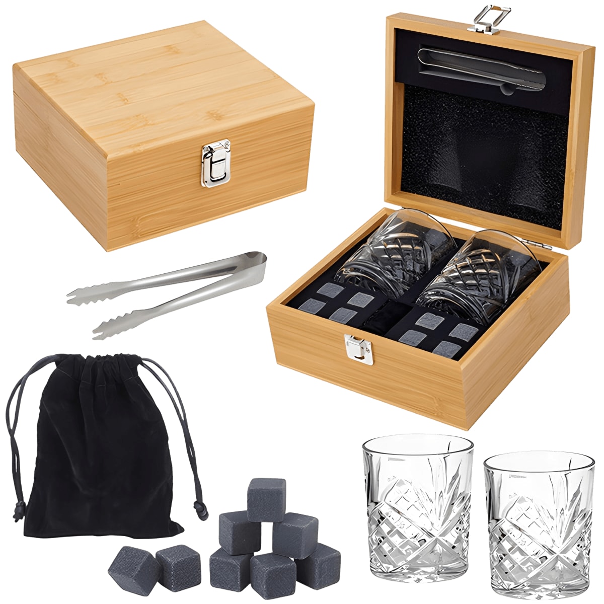 מארז מתנה יוקרתי לוויסקי עם כוסות, אבני קרח ומלקחיים