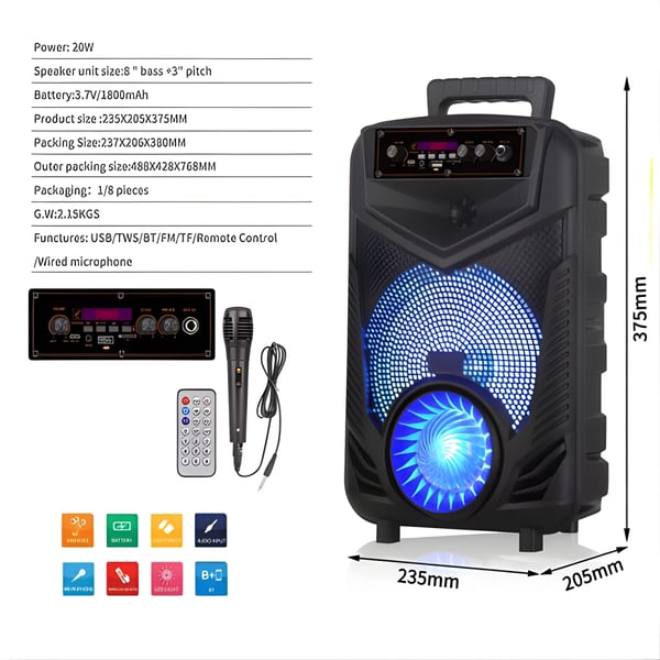 Powerful Portable Speaker with Blue Light Effect and Microphone