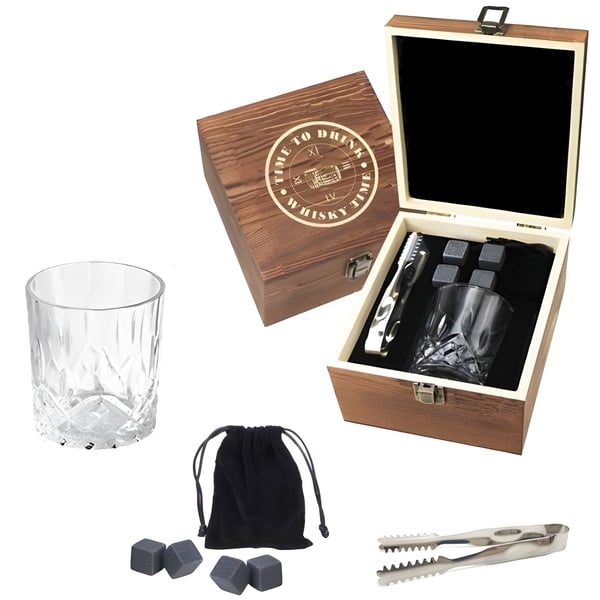 Luxury Whiskey Gift Set with Glass, Tongs, and 4 Stones in Wooden Box