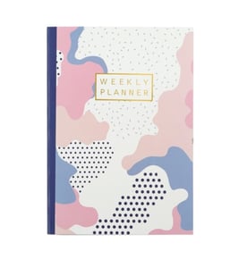 מחברת תכנון מעוצבת בצבעים ורוד, לבן וכחול