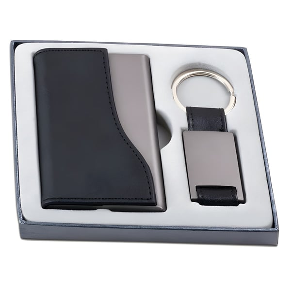 Luxury Gift Set: Faux Leather Business Card Holder & Metal Keychain