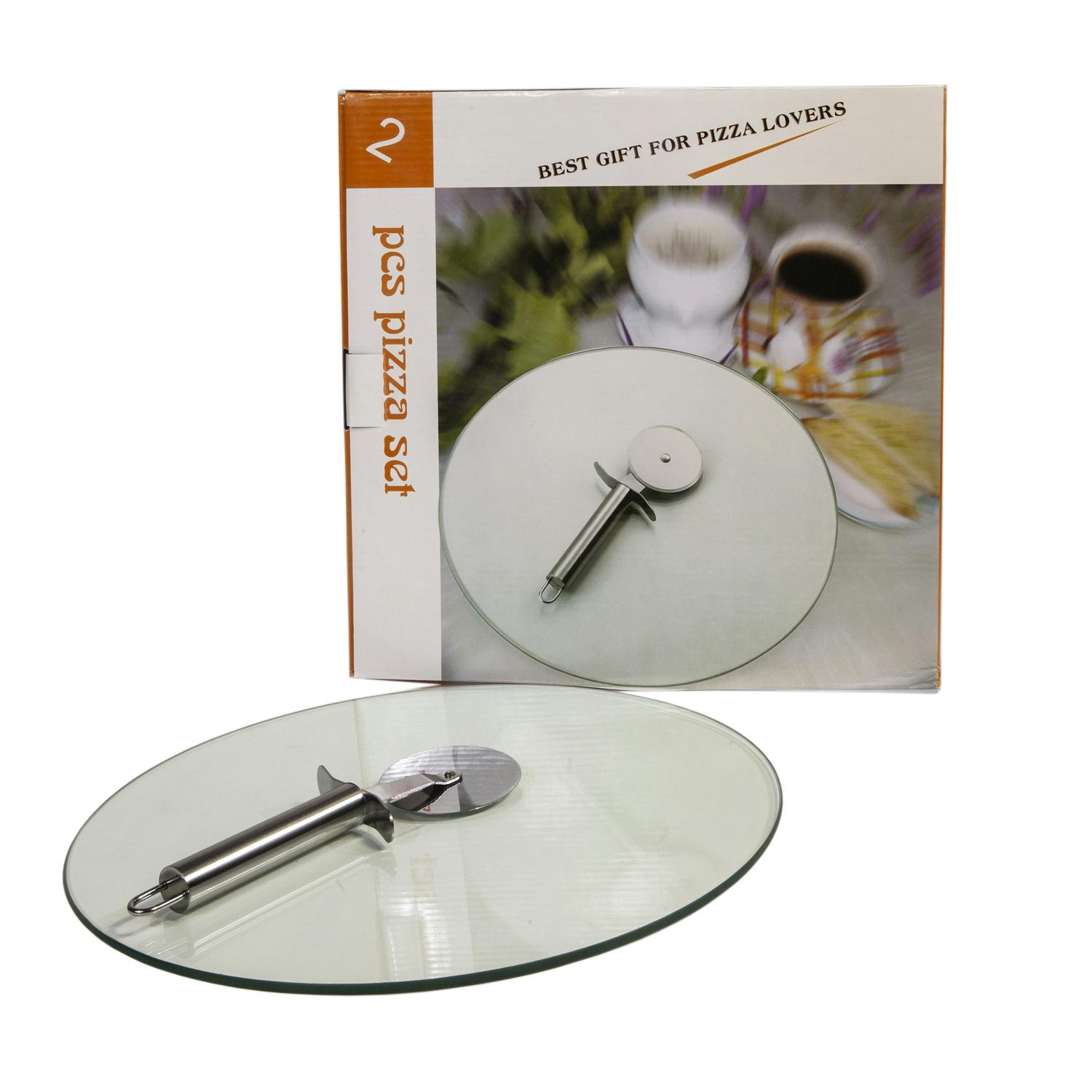 מגש זכוכית עגול עם חותך לפיצה ופוקאצ׳ה
