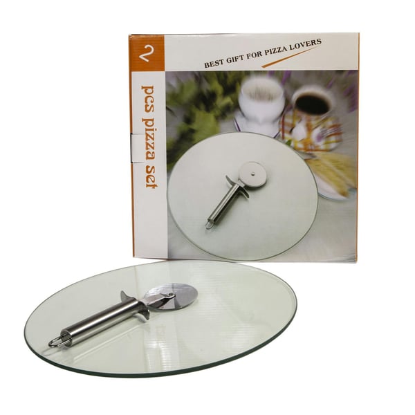 Round Glass Serving Tray with Pizza & Focaccia Cutter