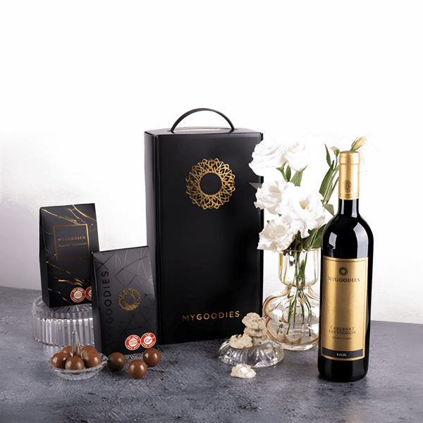 מארז יוקרה: יין אדום גולן ושוקולד איכותי