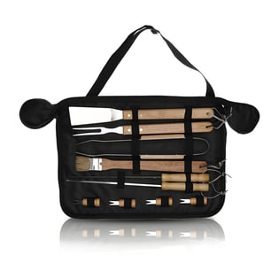Luxury BBQ Set with Wooden Handles in Leather-Style Case
