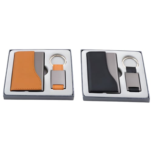 סט מתנה יוקרתי: קופסת כרטיסי ביקור דמוי עור ומחזיק מפתחות