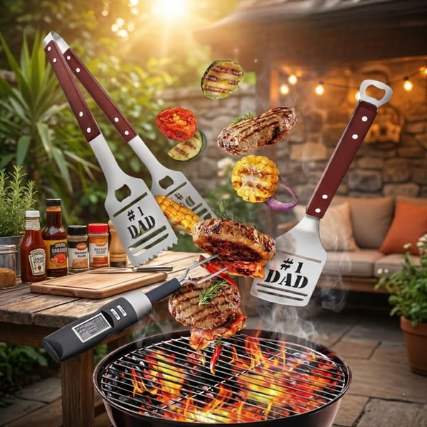 Premium 3-Piece BBQ Tool Set in Designer Case with Digital Meat Thermometer Fork