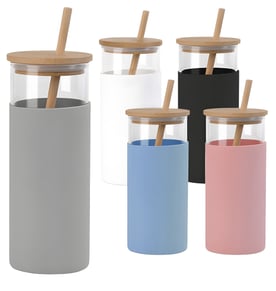 כוס זכוכית יוקרתית עם מכסה במבוק וקש, 500ML