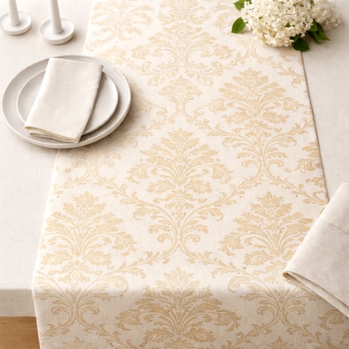 סט לחידוש הבית לראש השנה הכולל ראנר לשולחן בהדפסה ALL OVER ועציץ בטון