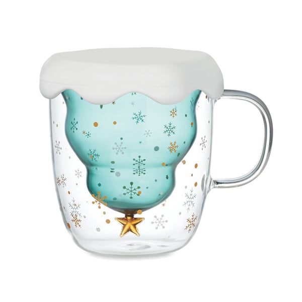 Double Wall Borosilicate Mug with Seasonal Design and Silicone Lid