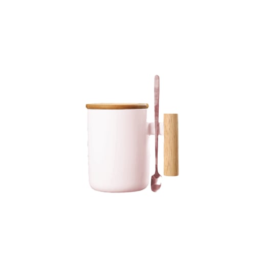 לבן - כוס פורצלן עם גימור במבוק,מכסה וכפית נירוסטה 380 מ"ל