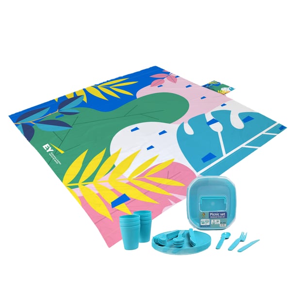 מארז פיקניק זוגי מושלם: לונג מתקפל וסט כלים רב פעמי