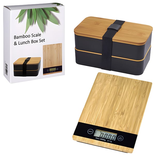 סט יוקרתי למטבח: משקל במבוק דיגיטלי וקופסת אוכל כפולה