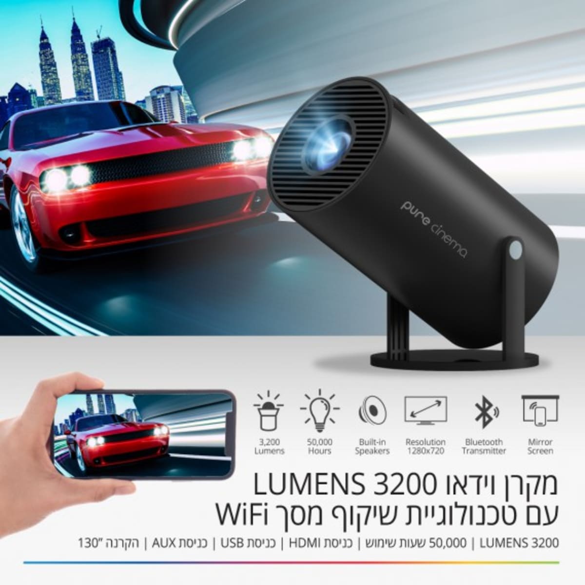 מקרן לד 3200 לומנס HD להקרנה עד “130