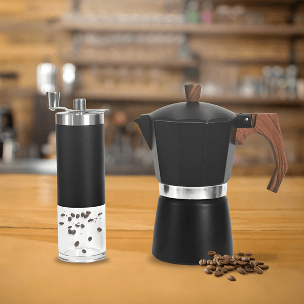 סט קפה יוקרתי עם מקינטה ומטחנה ידנית