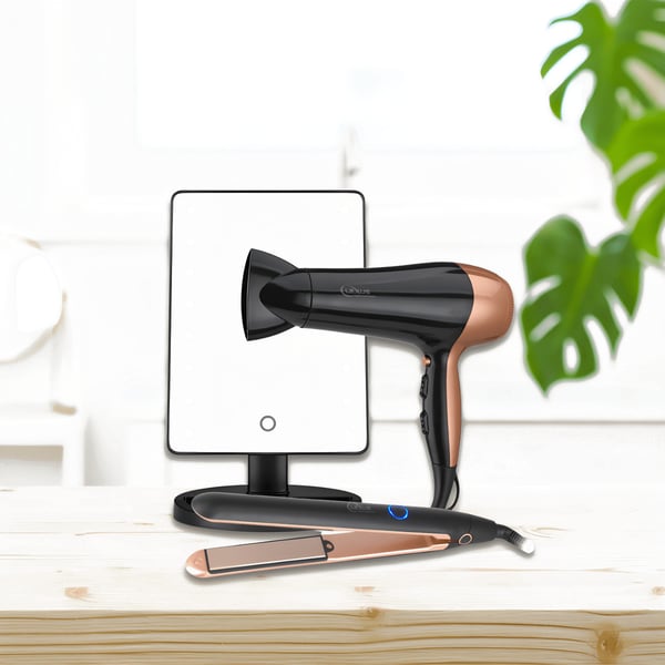 ערכת טיפוח אישית עם מראה מוארת LED, מחליק ומייבש שיער מקצועיים